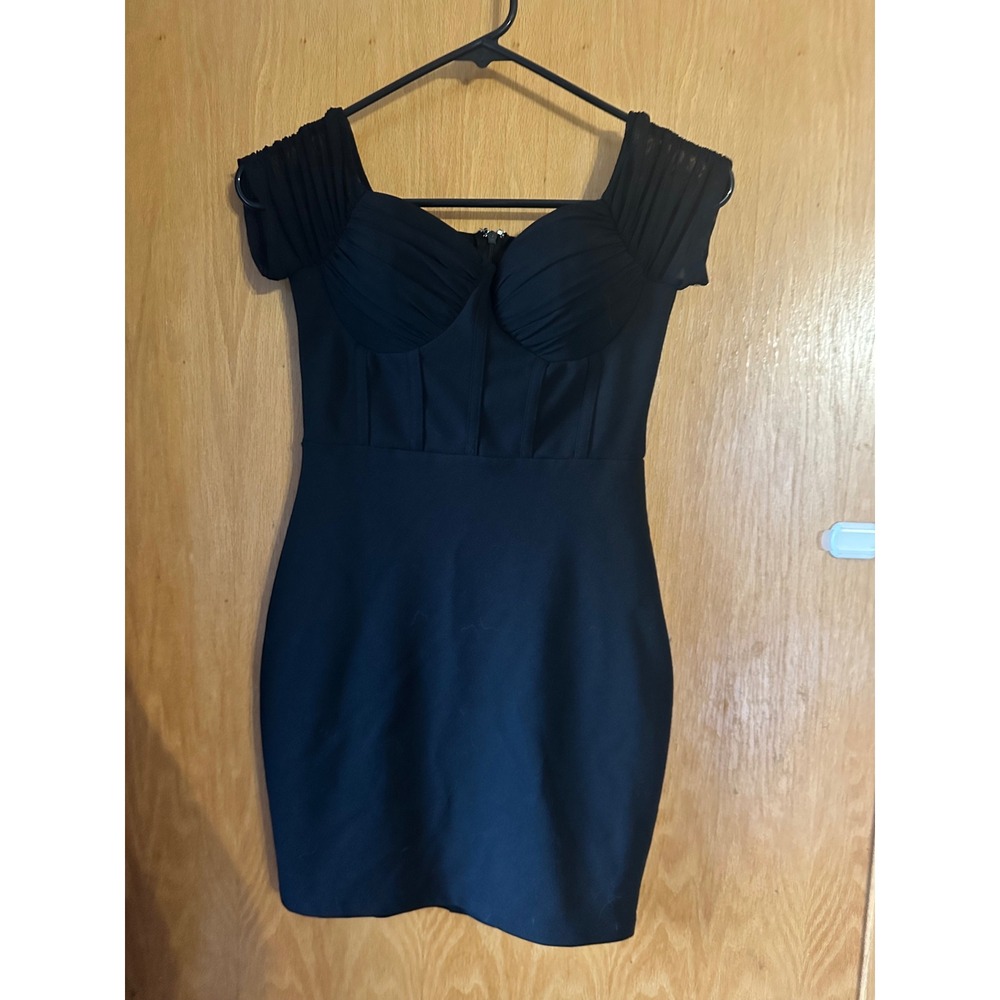 Black Corset Bodycon Mini Dress Ruched Cap Sleeve Sweetheart Neckline Cocktail S